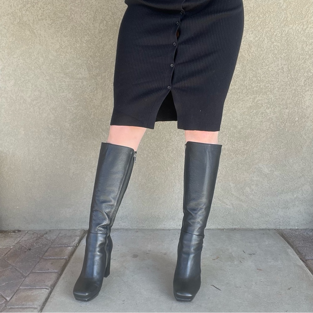 ALDO Black Leather Knee High Boots Rounded Square Toe